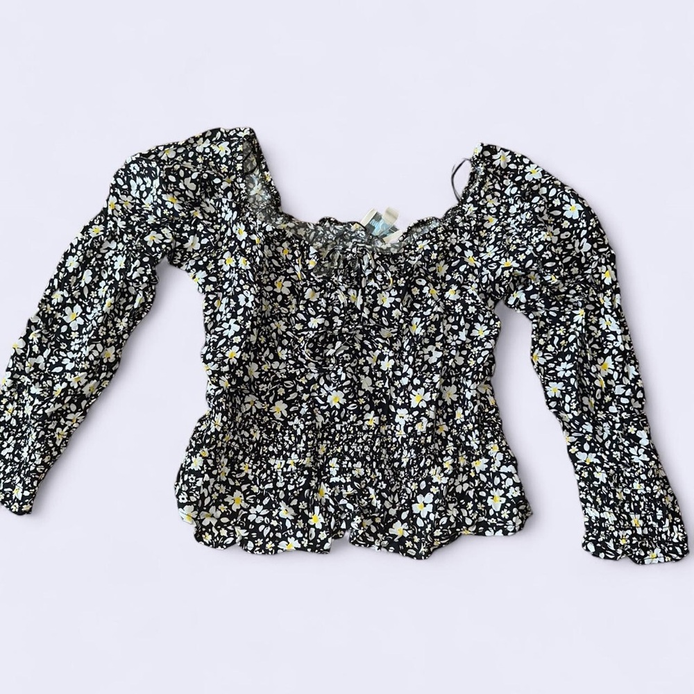 Smocked Off-Shoulder Floral Long-Sleeve Top - Black/Yellow